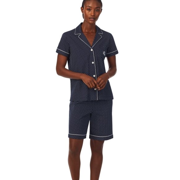 Lauren Ralph Lauren Women's 2-Pc. Notched-Collar Bermuda Pajamas Set - Navy Dot - Picture 1 of 1